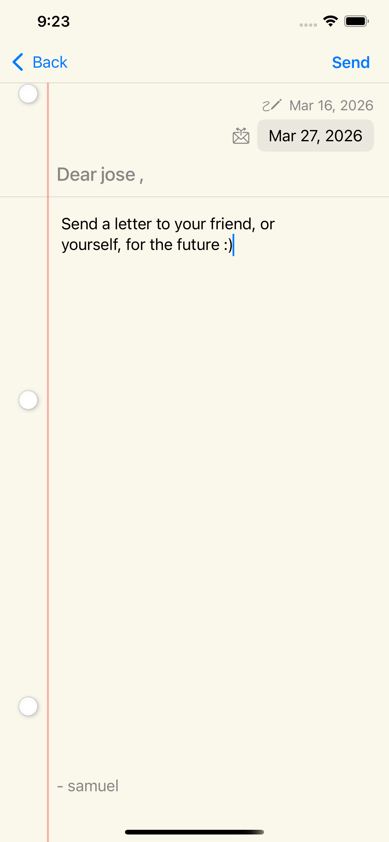 L8R Letters compose screen with lined paper design