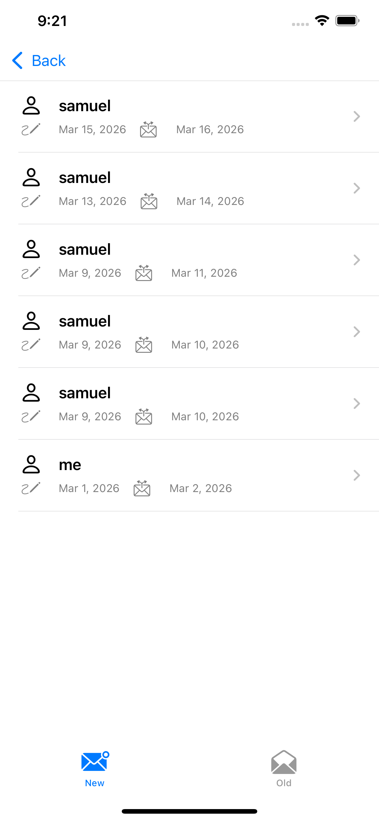 L8R Letters inbox showing letter list
